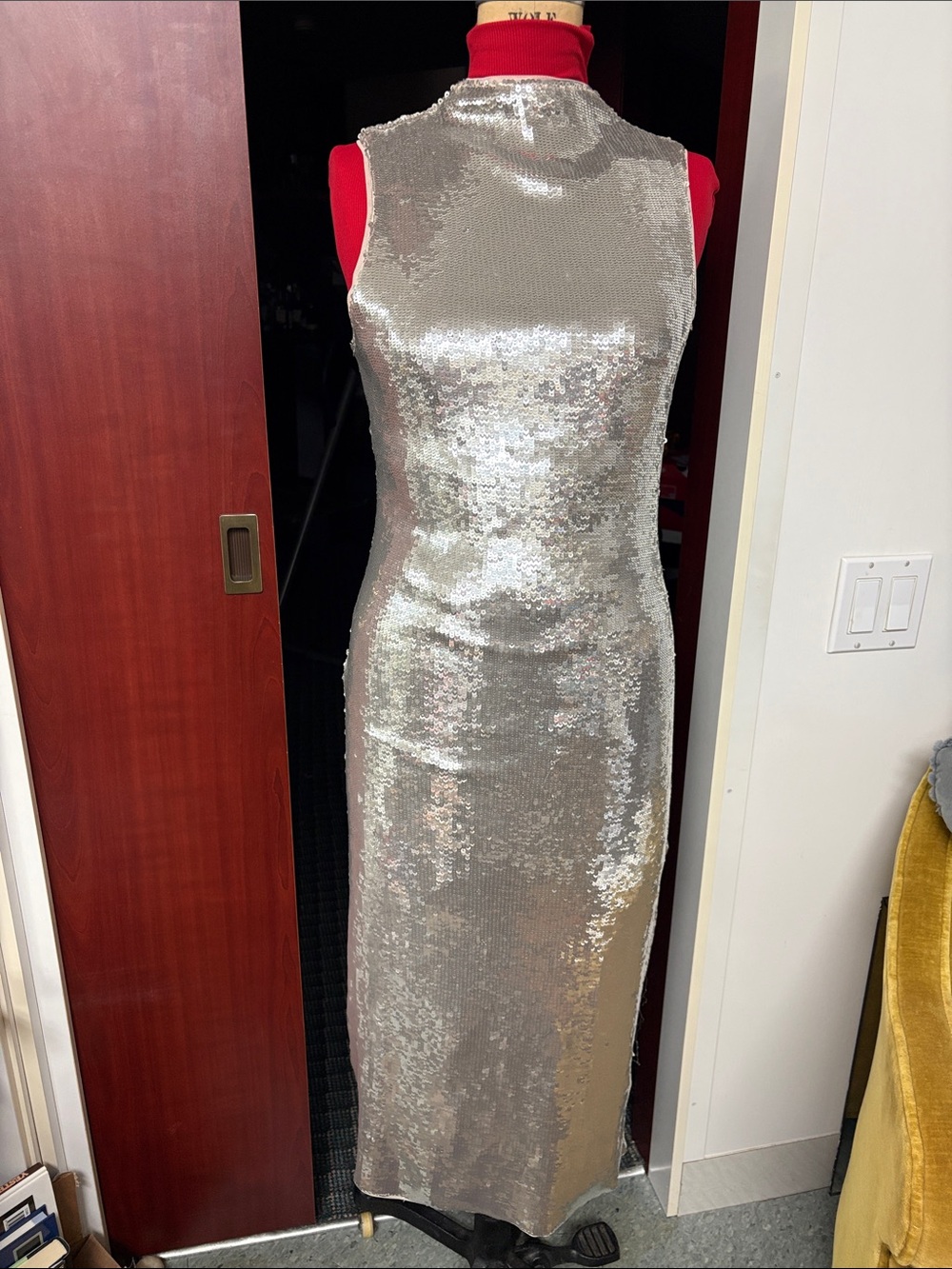 Zara Silver Sequin Maxi Dress with High Neck